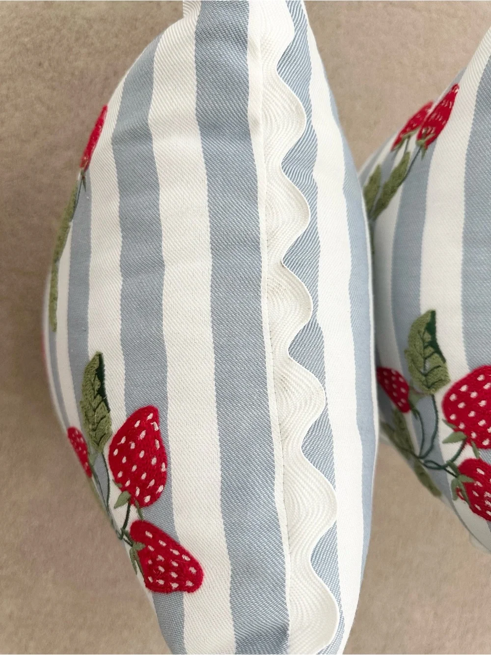 Set of 2 Strawberry Embroidered Blue & White Stripes Indoor/Outdoor Throw Pillow